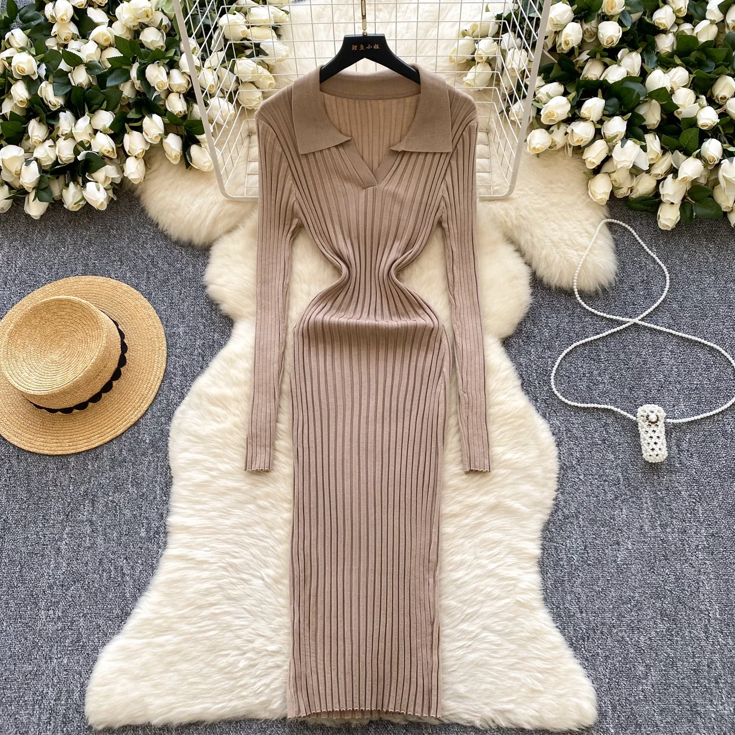 Vintage Turn-down Collar Basics Long Sleeve Chic Knit Slim Pencil Dresses French Office Women High Street Autumn Winter Clothing