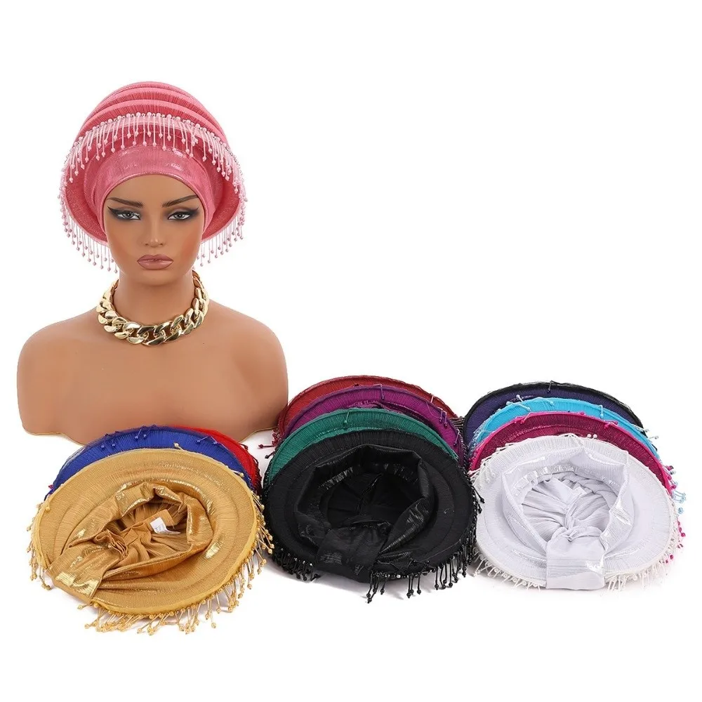 Ceremony Headpiece Structured Auto Gele Layered Pre-tied African Turban Tasseled Metallic Beaded Headtie Traditional Party