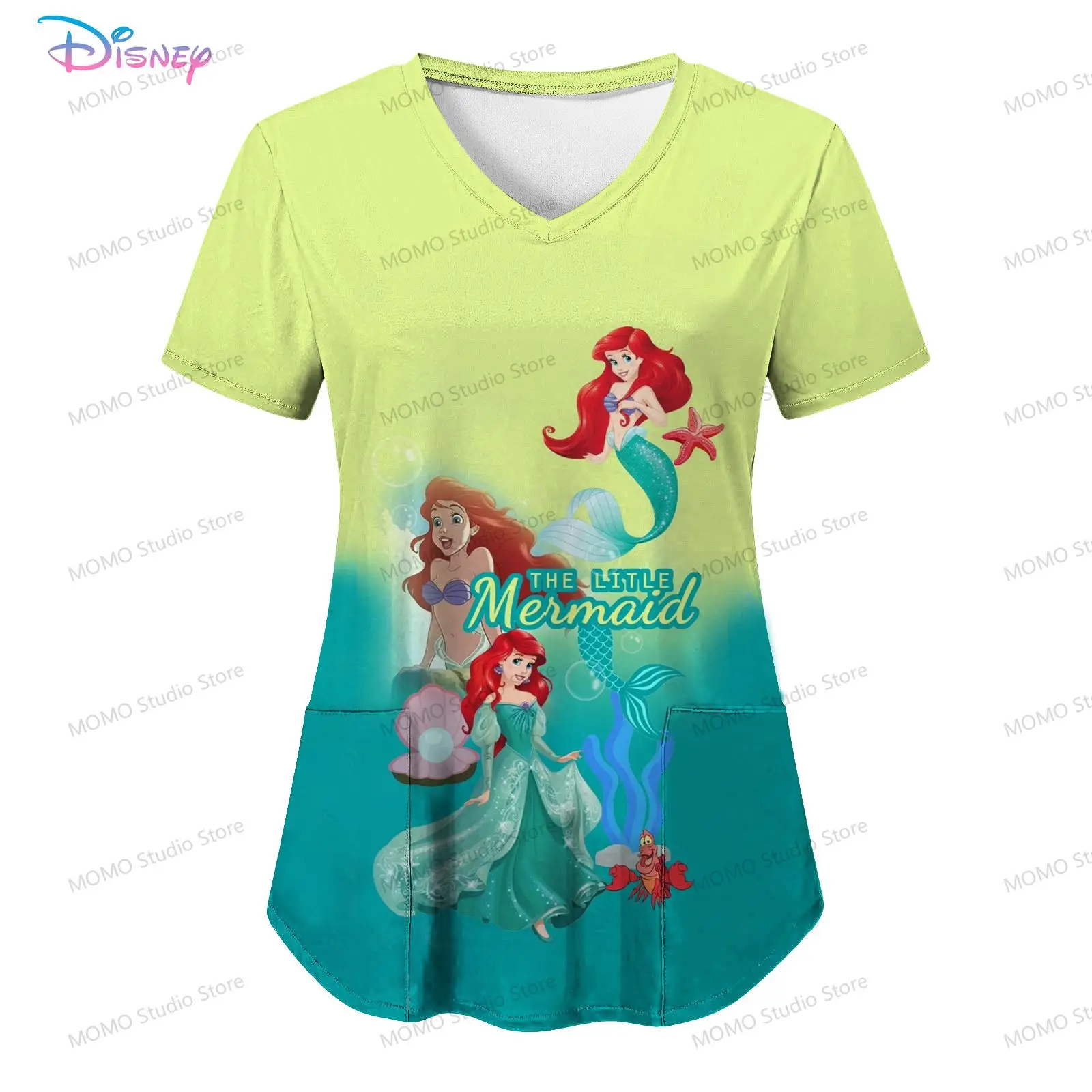 

Women's V Neck Nurse Uniform T-Shirt Pocket Disney Princess Youthful Woman Clothes Short Sleeve Tee Street Wear Summer Y2k 2024