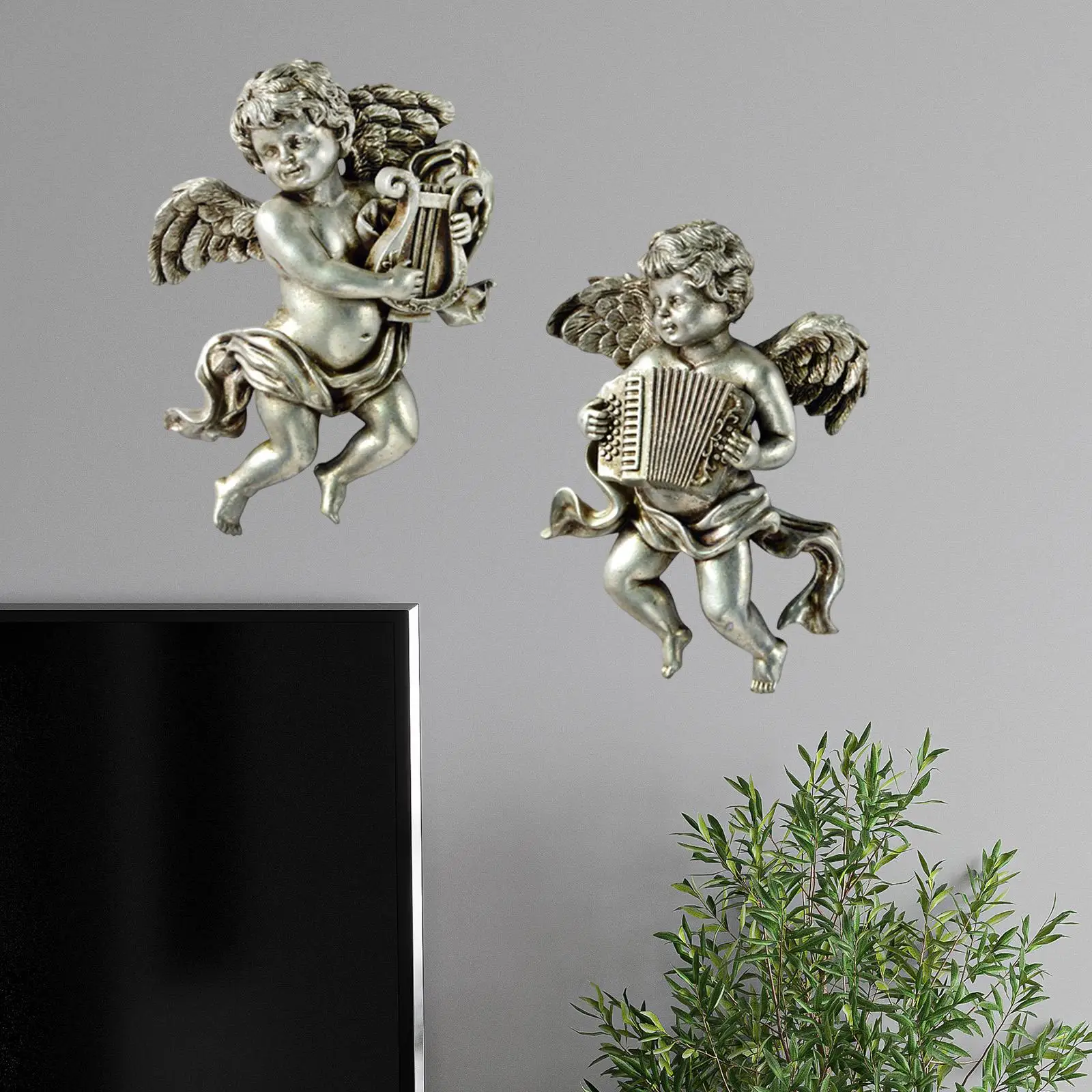 2Pcs Cherub Wall Sculptures Home Decor Collectible Adornment Angelic Figure Hanging Decors Angel Statue Figurines for Bar Office