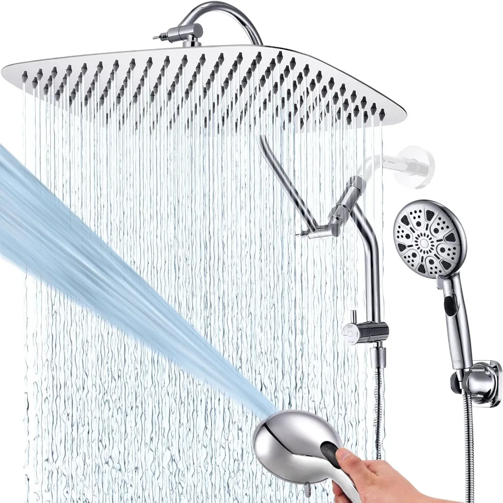

14 Inches Shower Heads with Massage Mode Handheld Sprayer Combo, 3 Way Metal Extended Diverter and Metal Adjustable Ex