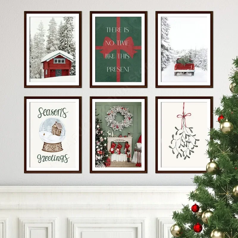 Red Holiday Cabin Christmas Tree Snow Globe Flower Wall Art Prints Canvas Painting Winter Posters Pictures For Living Room Decor