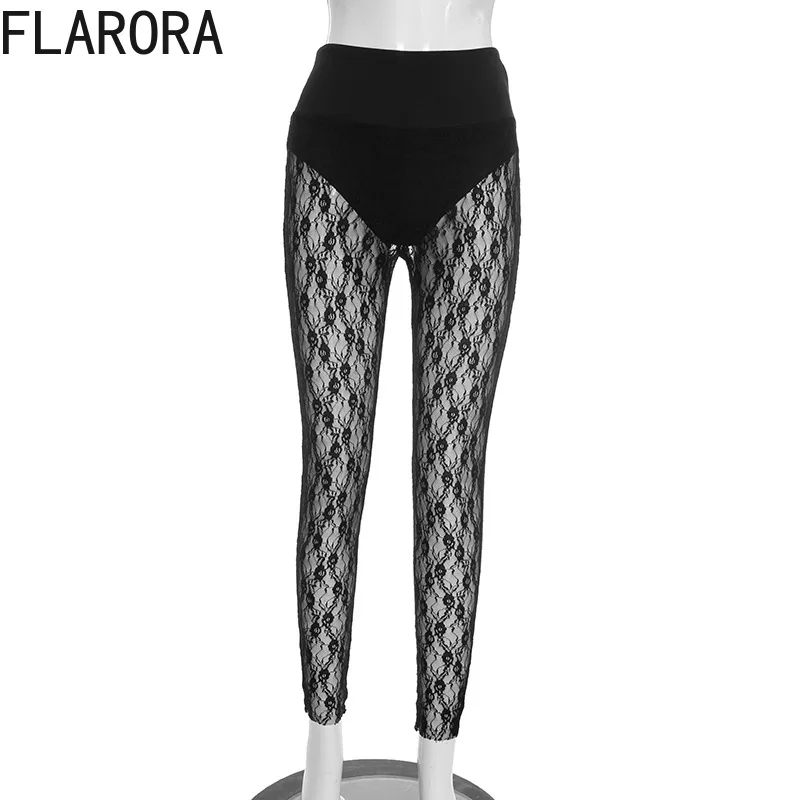 FLARORA Sexy Lace Patchwork Legging Pants Woman Solid Color See Through High Waist Skinny Pant Hottie Wild Street Spring Bottoms