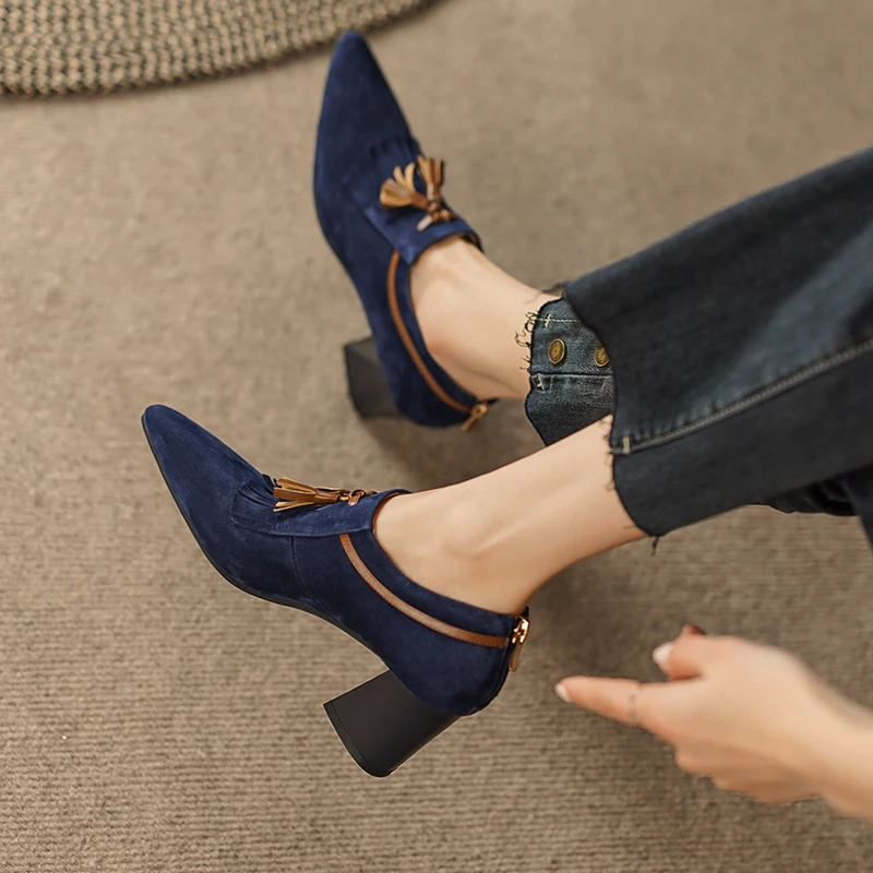 2023 Spring Women Shoes Pointed Toe Chunky Heel Women Pumps Sheep Suede High Heels Belt Buckle Shoes for Women zapatos de mujer