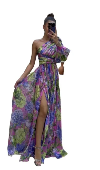 

Sexy Female Hight Split Loose Hem One Shoulder Print Beach Party Dress Lady Side Split One Sleeve Long Dress Women Evening Dress