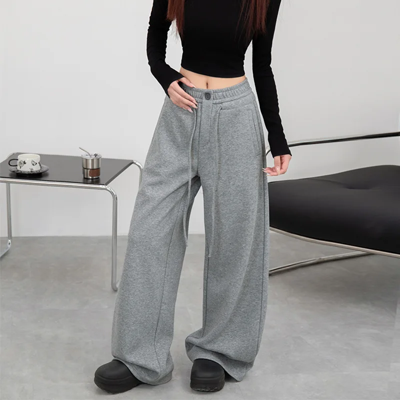 2025 New Drawstring Khaki Sweatpants Women Autumn Winter American Retro Baggy Wide Leg Trousers New Versatile Skateboard Pants