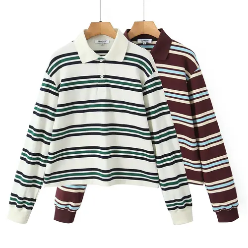 Imagen 1 del producto 2025 camisas Polo de verano para Mujer, Top corto de manga larga, ropa Vintage a rayas, Polos para Mujer, ropa de calle, Tops informales marrones