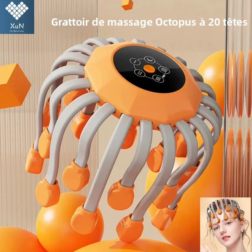 Masseur de tête Octopus Orange, 10/20 têtes de massage indépendantes, gratte-tête vibrant sans fil pour la relaxation quotidienne