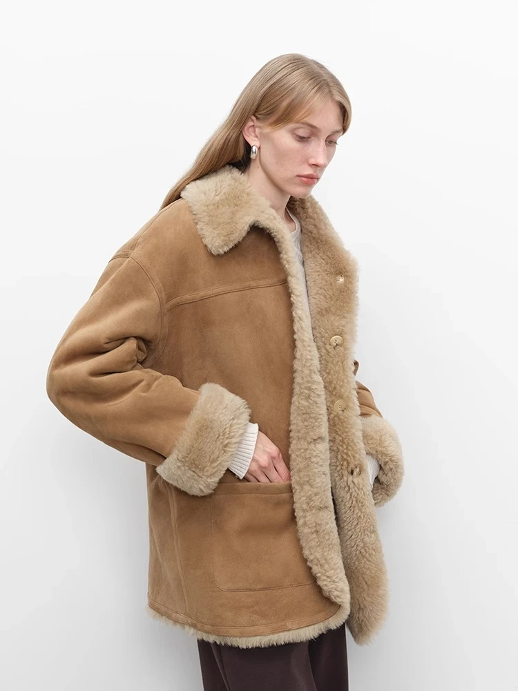 High-end Luxury Merino Sheep Fur Winter Suede Jackets Women Simple Double-sided Wear Design Genuine Leather Real Lamb Fur Coat
