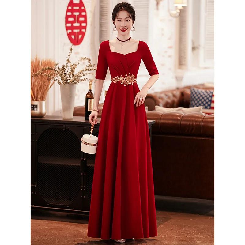 

Bridal Long Toast Clothes Plus Size 3XL Burgundy Classic Wedding Party Dress 2023 Autumn Fashion Vestidos Vintage Cheongsam