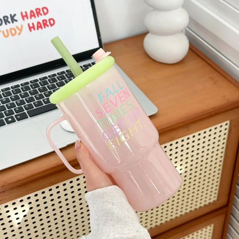 

Pink High Aesthetic Female Glass Cup, Large Capacity Household High-temperature Resistant New Straw Handle Office Cup