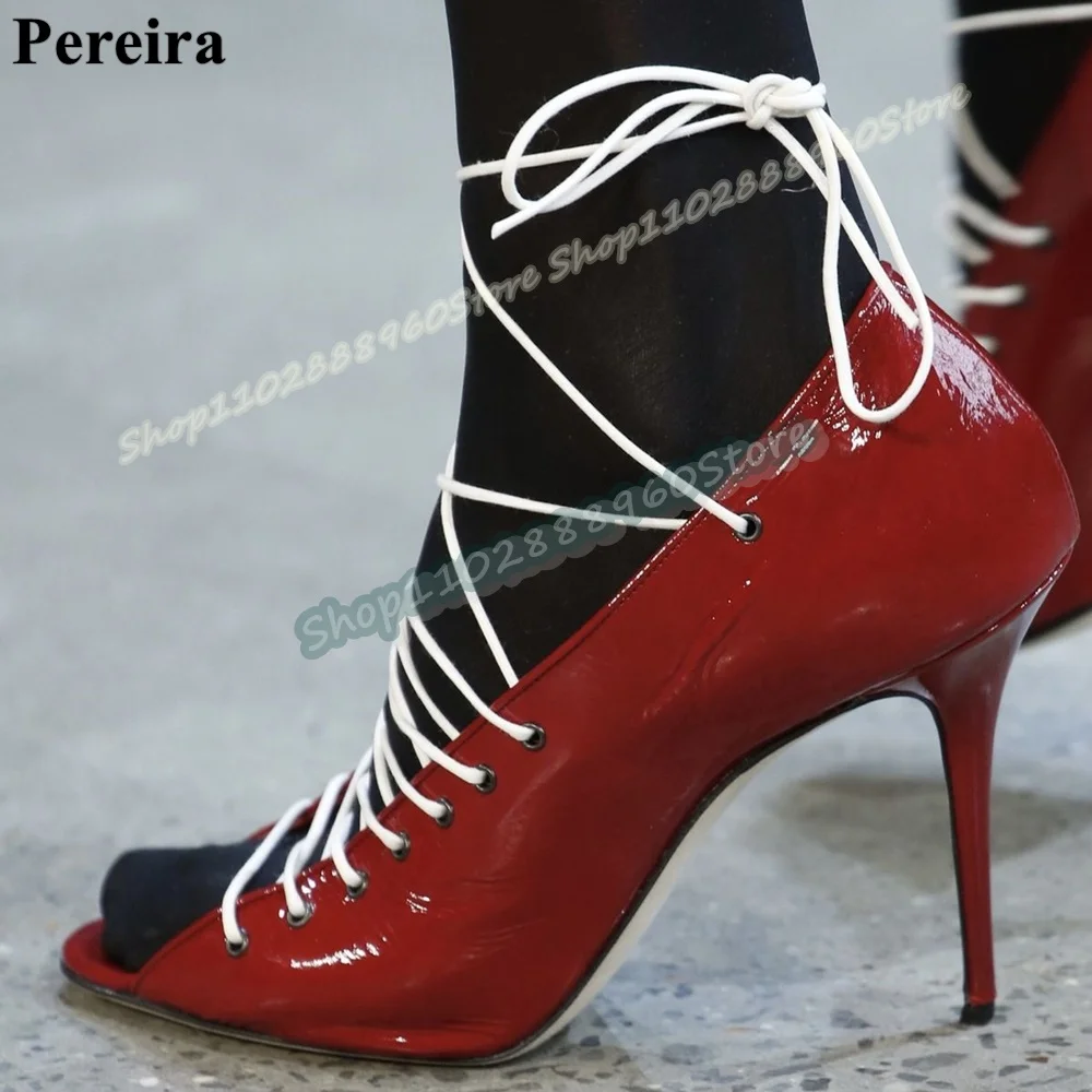 

Trending Red Leather Runway Pumps Stilettos High Heel Shoes For Women Cross Tied Peep Toe Fashionable Party Zapatos Para Mujer