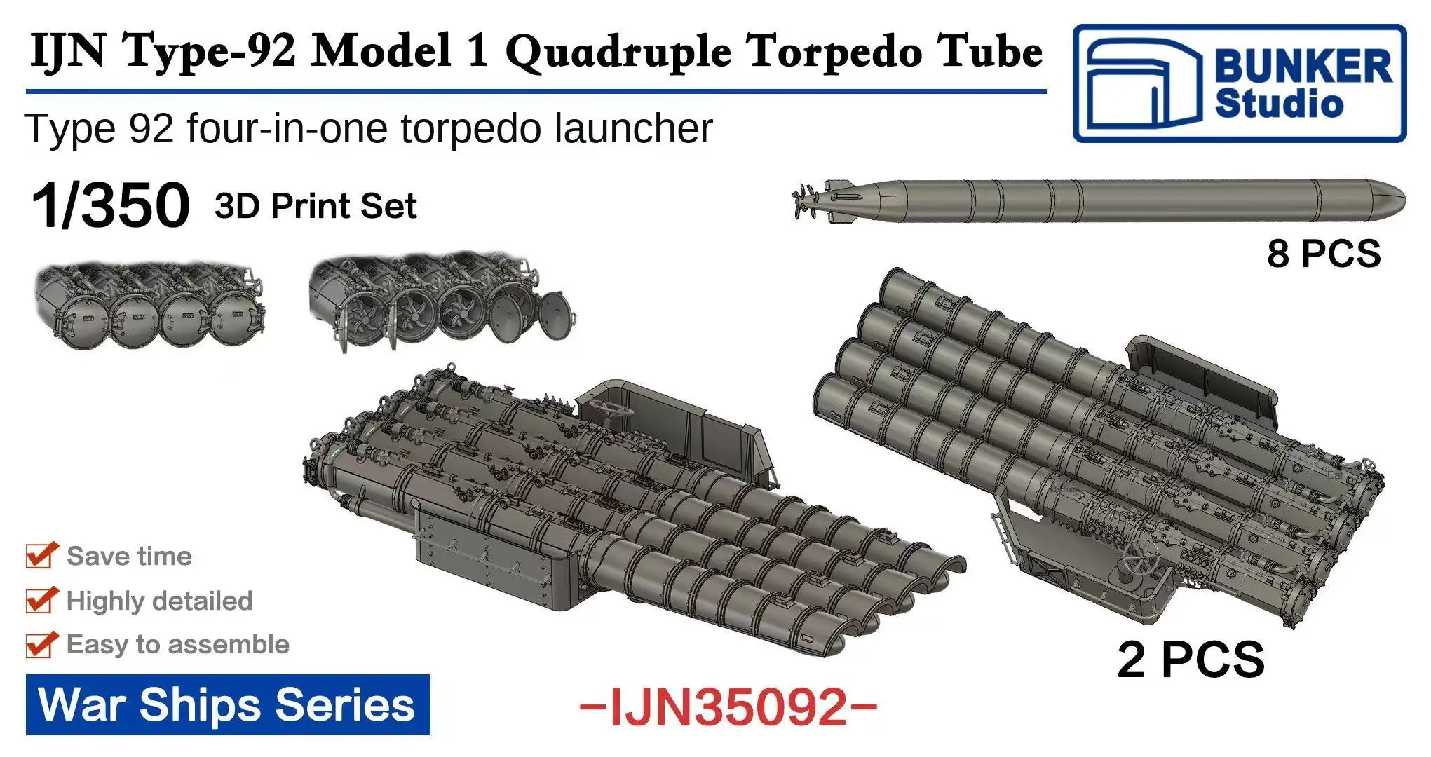 BUNKER-Tube de Torpille Quadruple IJN35092 1/350 Type-92 Modèle 1, Impression 3D, 2 + 8 Pièces