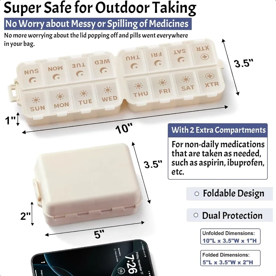 منظم حبوب منع الحمل قابل للطي والمحمول مرتين في اليوم مع مقصورات إضافية ملصقات محفورة أسبوعيًا 7 أيام AM PM صندوق دواء أسبوعي D #4