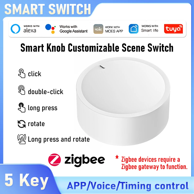 

Tuya Zigbee Smart Scene Switch, No Wiring, Knob/Click Customizable, Supports App and Voice Control, Suitable For Home Automation