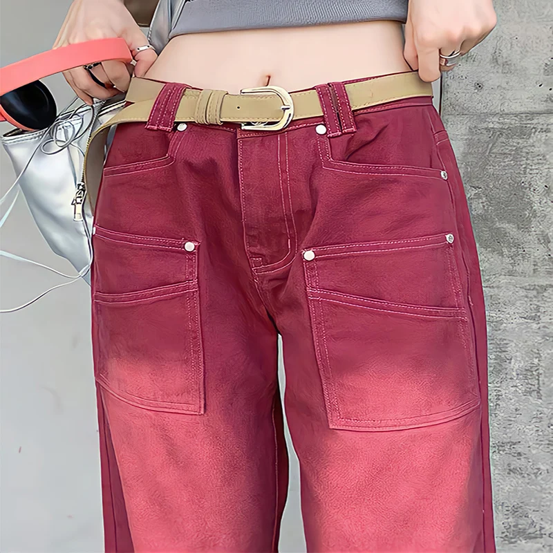 Boyfriend Style Streetwear Baggy Jeans Women Denim Trousers High Waist Y2k Vintage Washed Distressed Wide Leg Mopping Red Pants