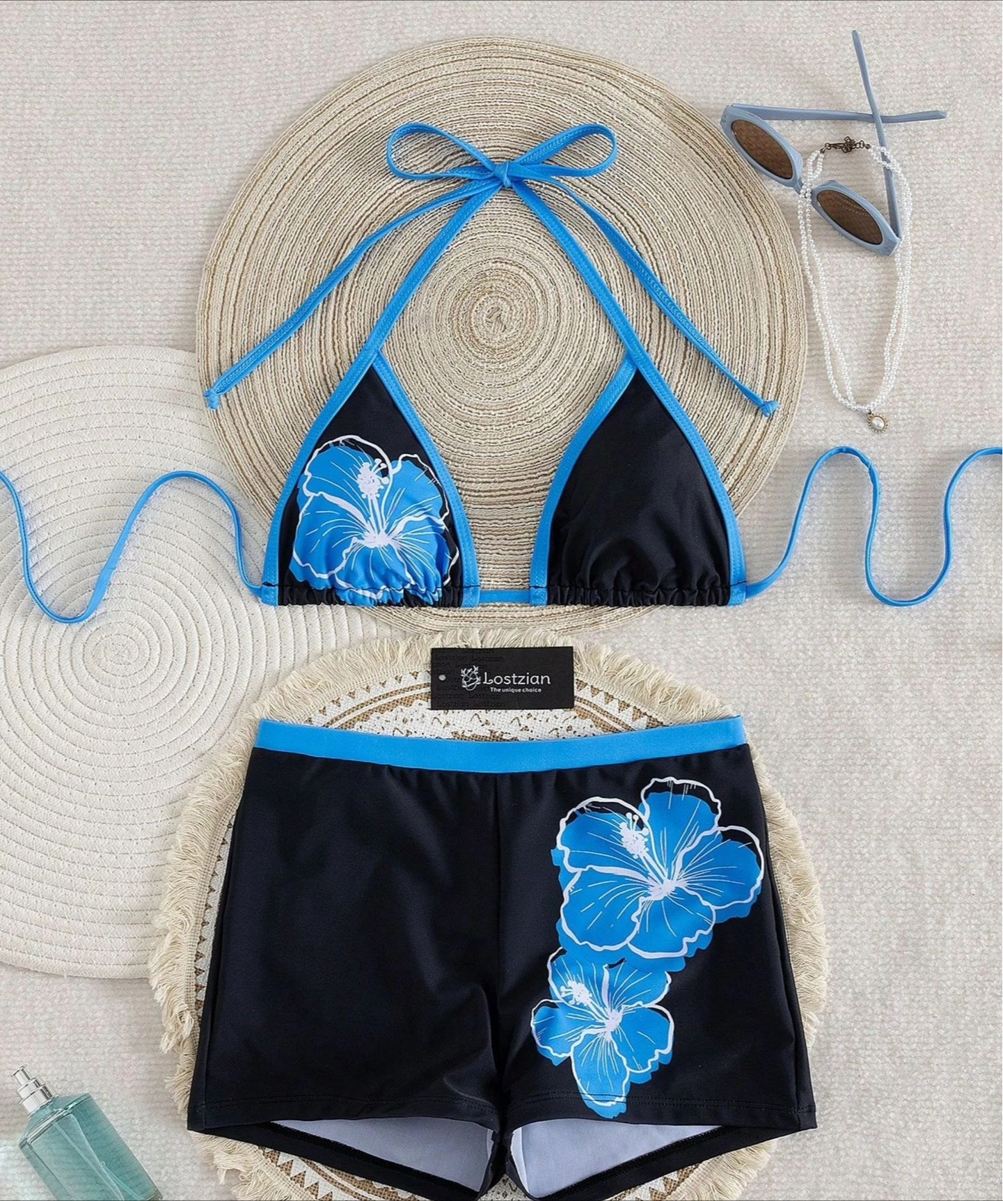 Hawaiian Flower Print Bikinis Set 2‑Piece Set Halter Triangle Top Boy‑Short Swimwear Women Summer Vacation Beach Bathing Suit