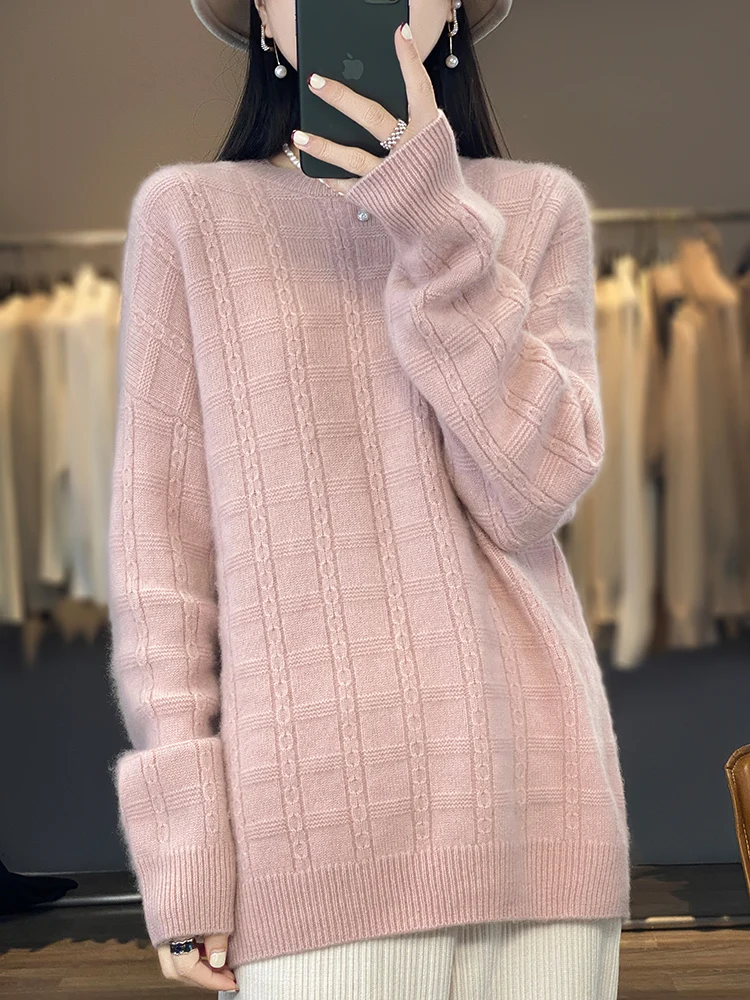 New Autumn Winter Cashmere Women’s O-neck Sweater Pullover Vintage Loose Plaid 100% Merino Wool Knitwear Comfort Popular Clothes