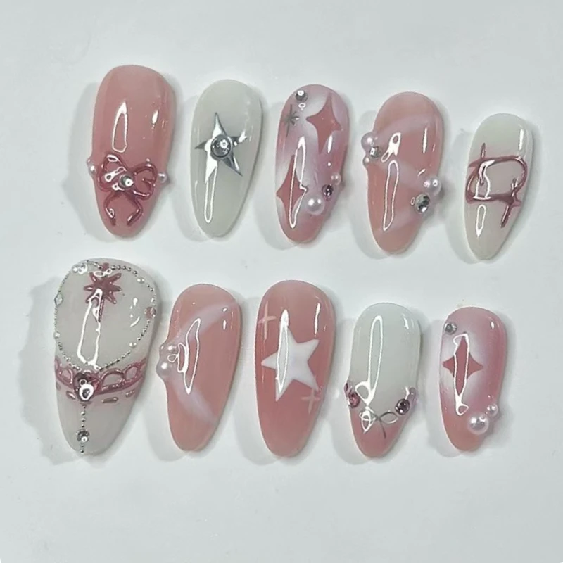 24Pcs Gradient Blush Pink Press on Nails 3D Bowknot Fake Nails Sweet Pearl French False Nails Mini Flowers Nail Tip Almond Nail