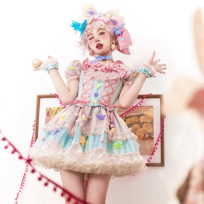 Japanese Style Lolita Dress Sweet Girls Cosplay Kawaii Lolita Cute Striped Mesh Candy Star Fur Ball Ribbon Bow Ruffle Dress Gift