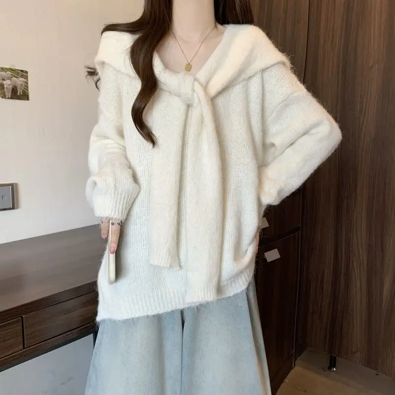 

Fake Two Shawl Navy Collar Shoulder Sweater Women's 2026 Autumn/Winter Mid length Knitted Sweater Milk Yellow Top