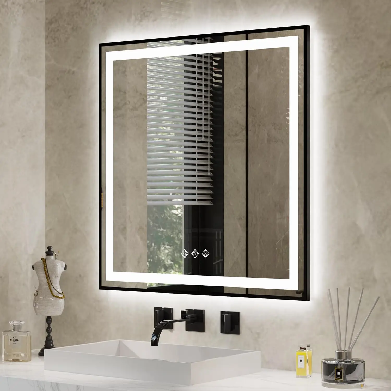 

LED Mirror for Bathroom, 32x32 Inch Black Framed Gradient Front and Backlit Lighted Bathroom Mirror, 3 Colors Dimmable CRI90