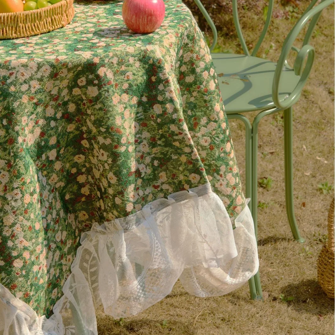 Jacquard Green Flower Tablecloth For Camping Outdoor Lace Ruffled Edge Multi-purpose Cover Bedside Table Cover