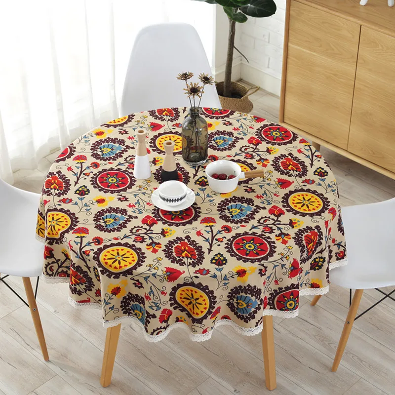 

Table Cloth Round Bohemian Style Floral Printed Table Cover with Lace Diameter 150cm Anti-stain Dinning Tablecloth Decoration
