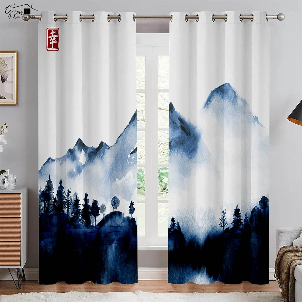 Chinese Style Landscape Painting 3D Printing Curtain Ink Painting Chinese Style Sunset Classical Study Tea Room Curtain 2PCS