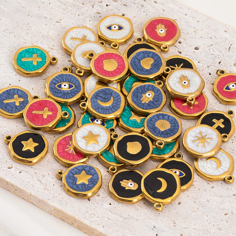 4-8개 스테인리스 스틸 에나멜 별 하트 눈 조개 태양 원형 랜덤 참 베이스 발찌 펜던트 DIY 귀걸이 목걸이 쥬얼리 제작