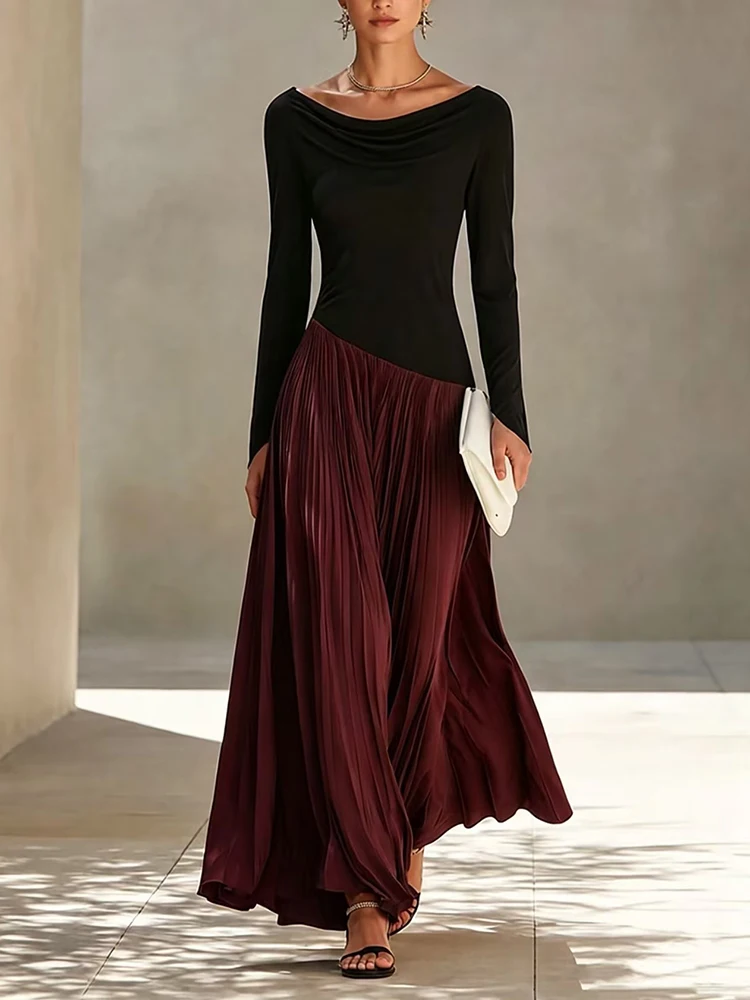 Casual Long Sleeve Waist Party Dress Spring Lady Fashion Patchwork Banquet Dresses Autumn Sexy Swinging Collar Draped Long Dress