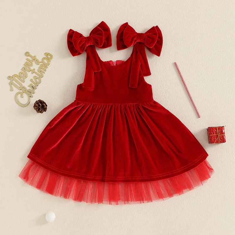 Sweety Baby Girls Christmas Dress Sleeveless Tie-up Solid Slip Dress Princess Velvet Mesh Dress for Casual Fall Winter Clothes