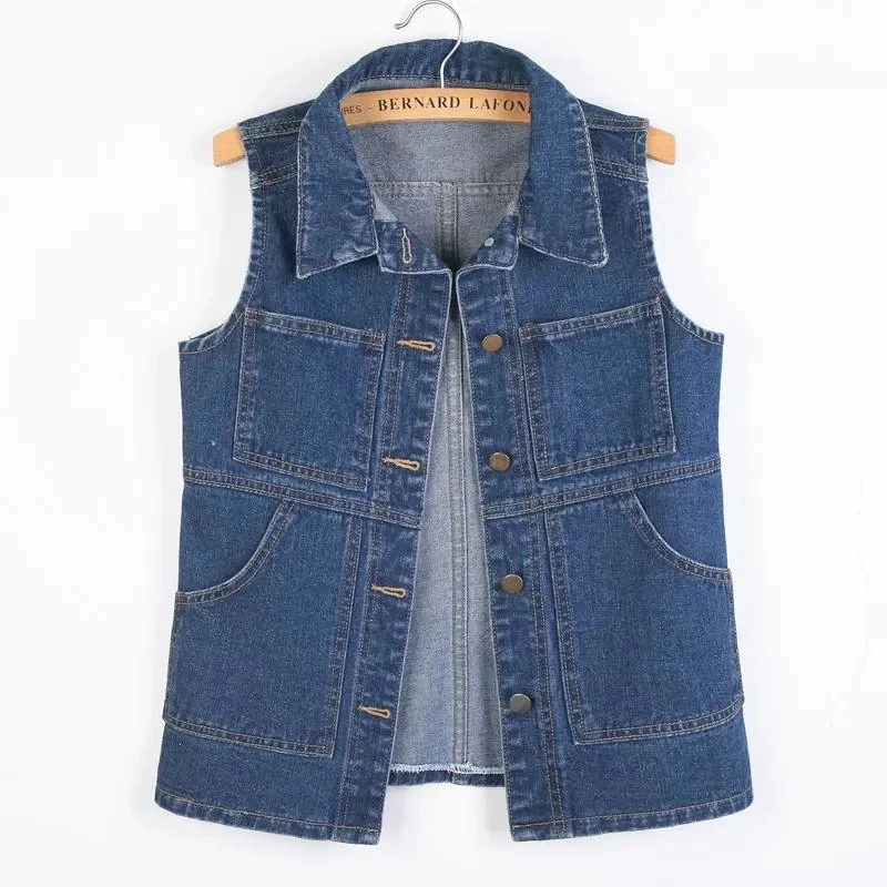 

Black Denim Vest Jacket 6XL Women's Spring Autumn 2024 New Pocket Slim Sleeveless Jeans Coat Solid Casual Female Waistcoat Tops