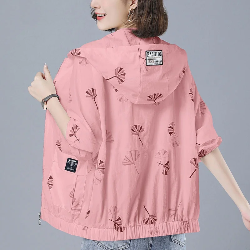 Ice Silk Women's Lightweight Breathable Summer New Fashion Loose Hooded Sun Protection Shirt Comfortable Short Outerwear