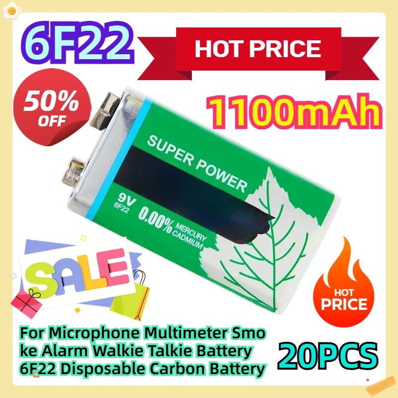 

For Microphone Multimeter Smoke Alarm Walkie Talkie Battery 6F22 Disposable Carbon Battery 1100mAh 20pcs