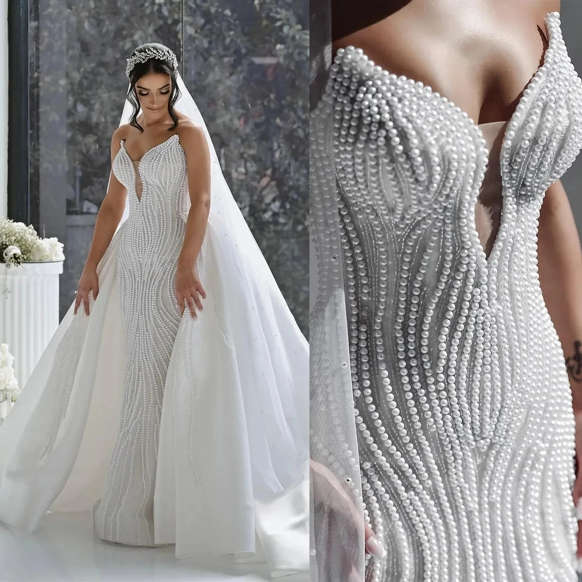 

Luxury Pearls Mermaid Wedding Dresses Detachable Train Strapless Bridal Gowns Deep V Neck Bride Dress Arabic Vestidos De Novia