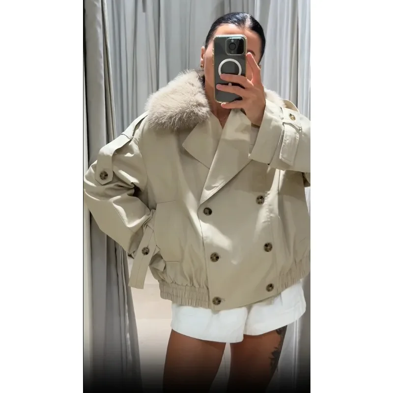 Cappotto corto giacca a vento corto con collo in pelliccia chic Moda donna Giacca ampia con tasca doppio petto Capispalla da ufficio per pendolarismo quotidiano autunnale