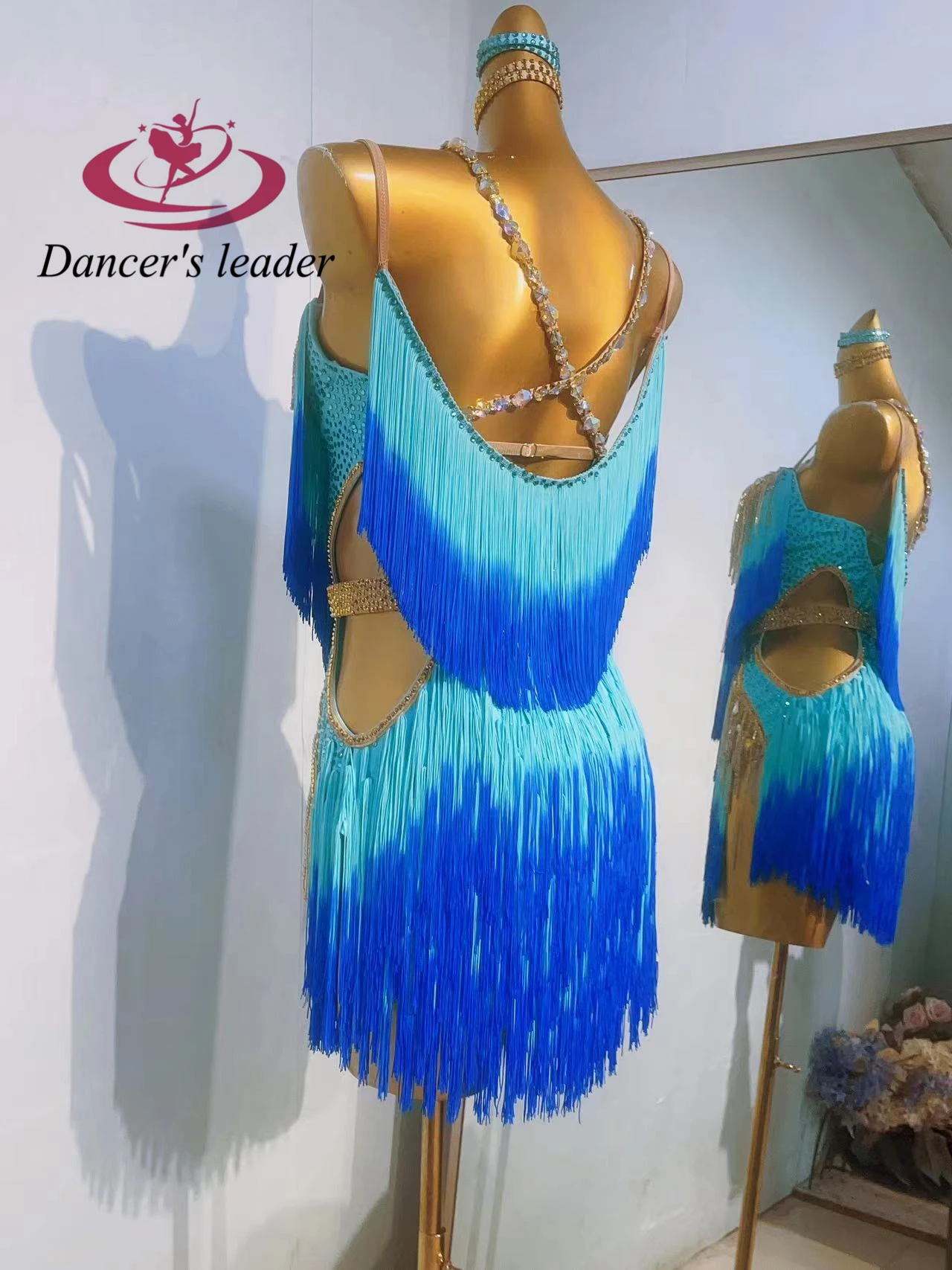 라틴 댄스 아트 공연 고급 맞춤형 투톤 태슬 스플라이싱 삼바 댄스 고급 반짝이는 라인스톤 의상