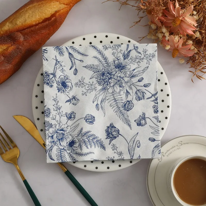 20pcs Elegant Blue White Floral Fern Napkins - Scandinavian Nature Pattern Paper Napkins for Wedding, Party, Dinner Table Decor