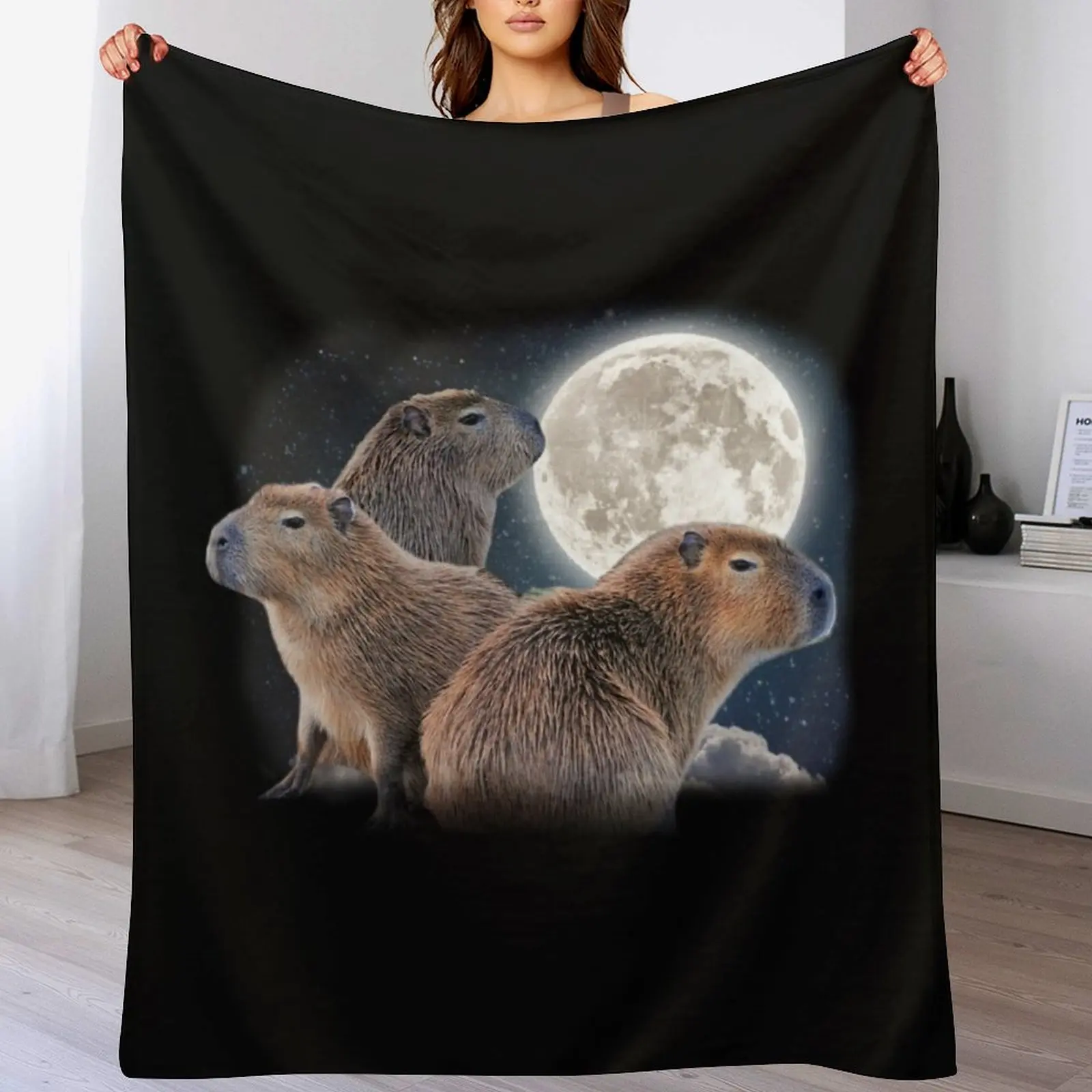 

Three Capybaras and Moon Funny Capybara Humor Parody Throw Blanket Vintage Luxury St anime heavy to sleep Blankets