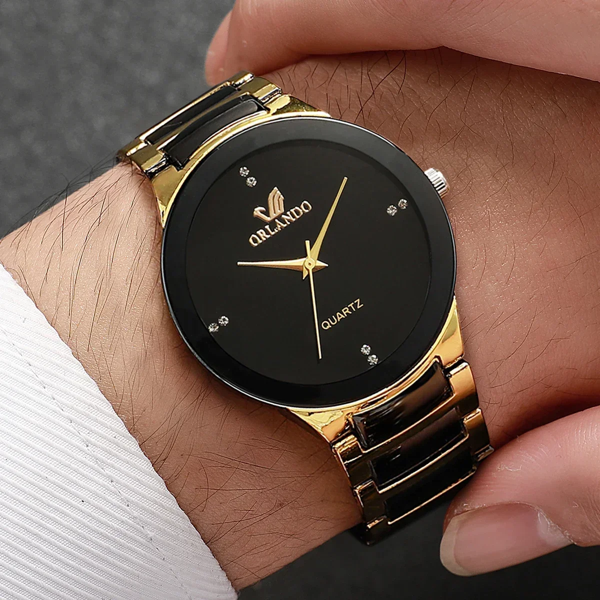 Men 4 in 1 Watch Set Two Tone Gold Black Band Quartz Wristwatch Bullet Necklace Cuban Bracelet Ring Reloj Hombre No Box