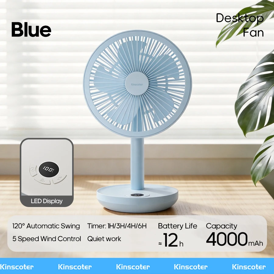 KINSCOTER Smart Oscillating Desktop Fan 4000mAh USB Rechargeable Fan Angle Adjustable 5 Gear Wind Speeds for Home Office Room image 3