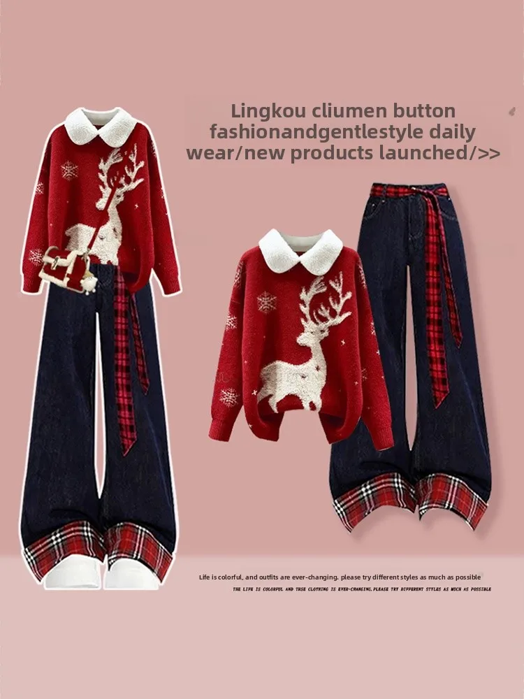 

Fashionable Knitted Sweater And Jeans Set for Women Christmas Red Deer Atmosphere Thickened Long Sleeve Loose Fit Vintage Style