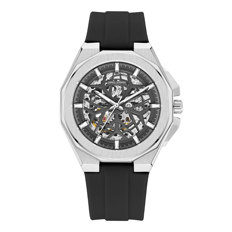 Luxury Men Skeleton Automatic Watch Stainless Steel Luminous Hands 5ATM Waterproof Silicone Strap Elegant Functional Wristwatch