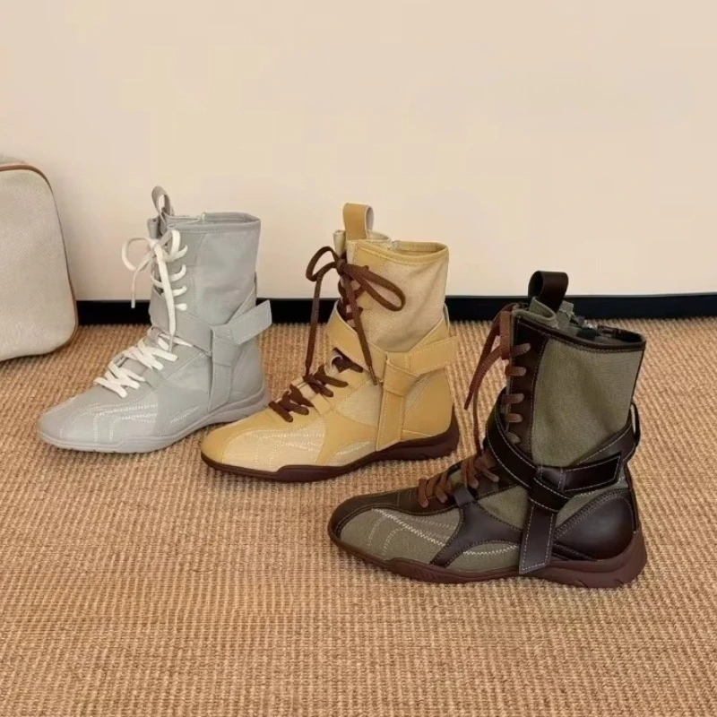 Retro Color Blocking Lace Up Ankle Boots Women 2026 New Spring Autumn Soft Sole Comfortable Fashion Casual Ladies Footwear
