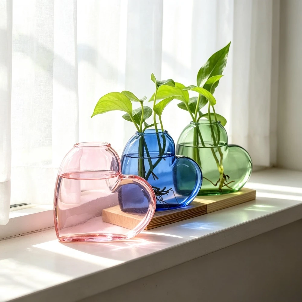 Romantic Heart Shape Glass Vase Hydroponic Flower Arrangement Container Minimalist Desktop Decor for Wedding Office