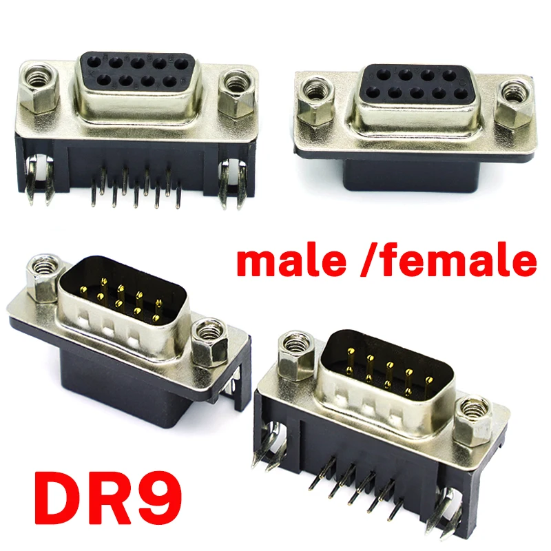 10pcs DR9 Male/ Female PCB Mount D-Sub 9Pin PCB Connector RS232 Connector 90-degree Bent Needle Insert board welding DB9