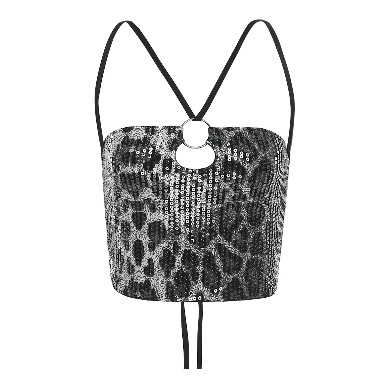 

Women Leopard Print Sequin Crop Tops Lady Shiny Lace-up Halter O-ring Hollow Out Crop Vest Tank Tops Fashion Top for Club Party