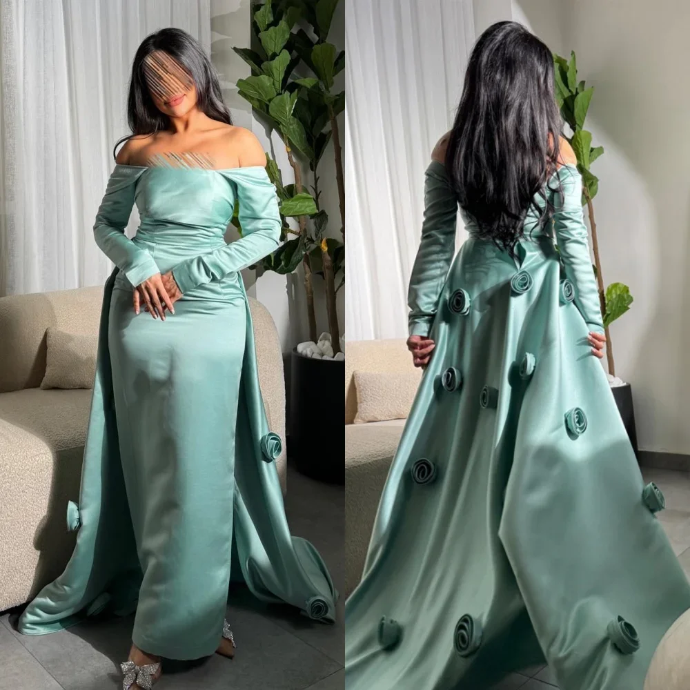 

Customized Satin Flower Ruched Christmas A-line Off-the-shoulder Bespoke Occasion Gown Long Dresses