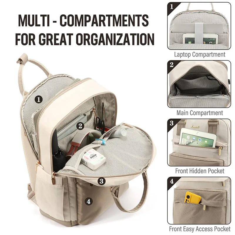 Multi Compartment Backpack with USB Charging Port Luggage Strap and Multiple Pockets for Laptop Daily Essentials Organization